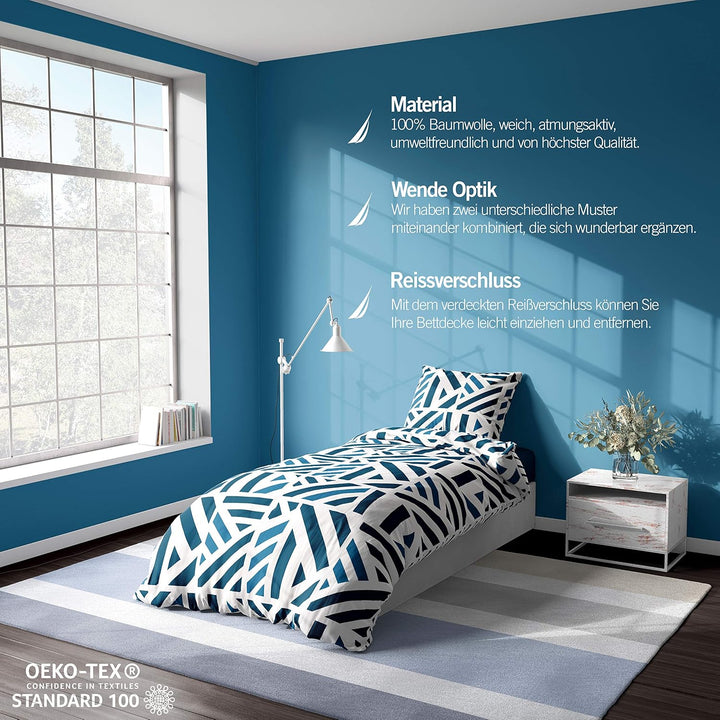 Nautica Home Orion_Bettwäsche Set_hochwertiger Renforce%100 Baumwolle Blau, weiss 155X220 + 80X80+ K