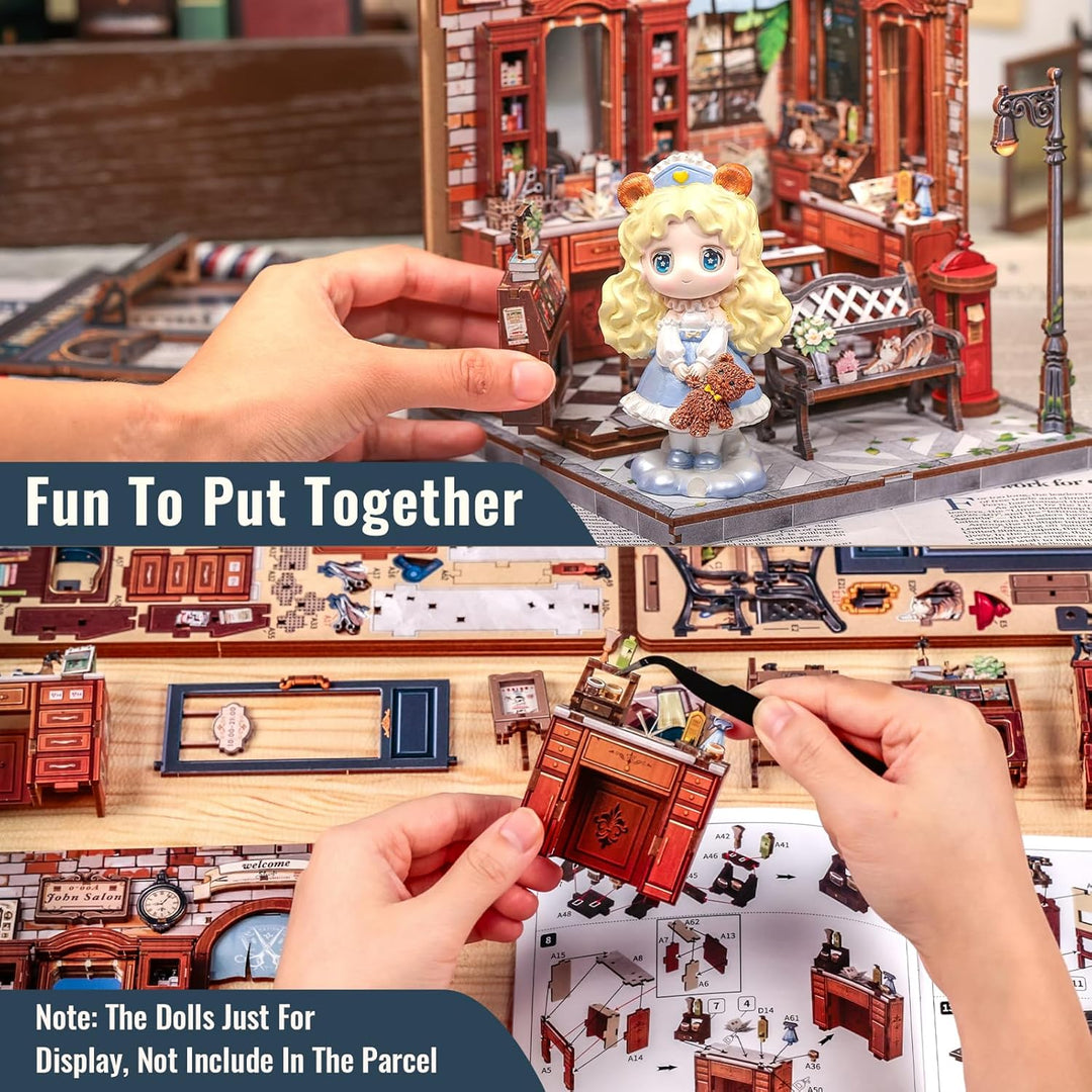 CUTEBEE Book Nook Kit - Miniatur Puppenhaus mit LED Beleuchtung, 3D Holz Puzzle Buchstütze, Retro&no