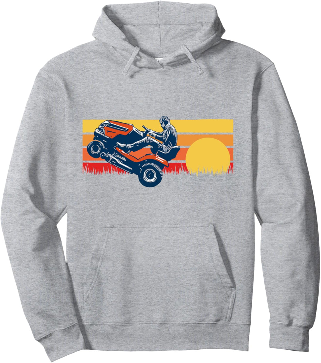 Riding Lawn Mower Wheelie Funny Vintage 80s Sunset Pullover Hoodie