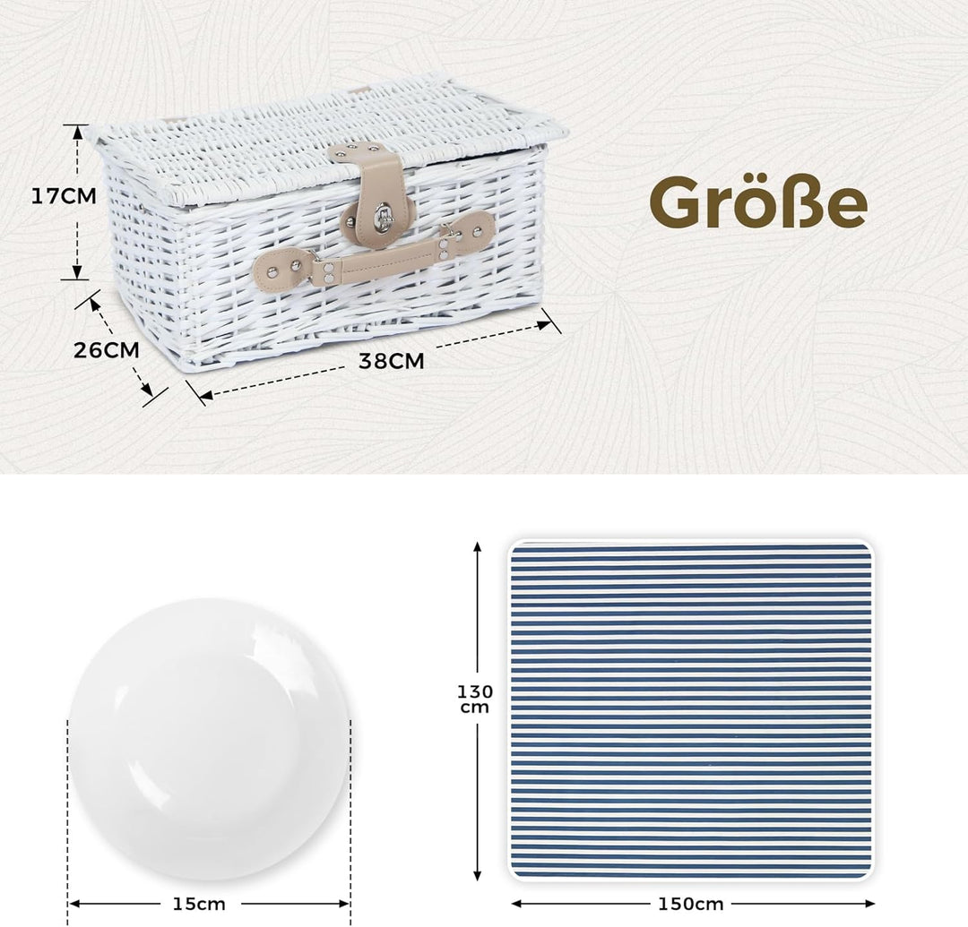 Picknickkorb Set für 2 Person mit Kühlfach und wasserdichte Picknickdecke, Abnehmbarer Riemen, Weinb