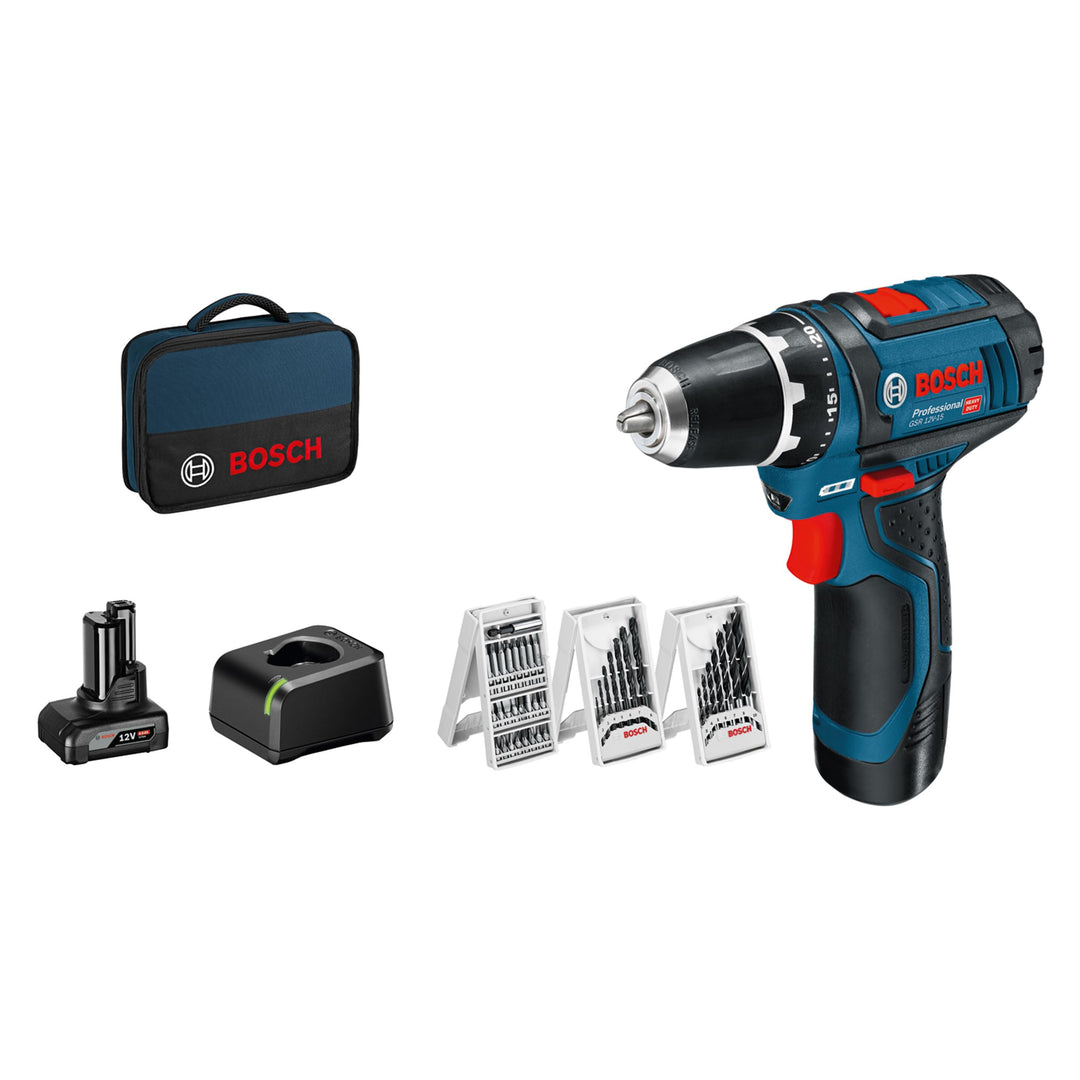 Bosch Professional 12V System Akku Bohrschrauber GSR 12V-15 (inkl. 39 tlg. Zubehörset, 2.0Ah Akku, 4