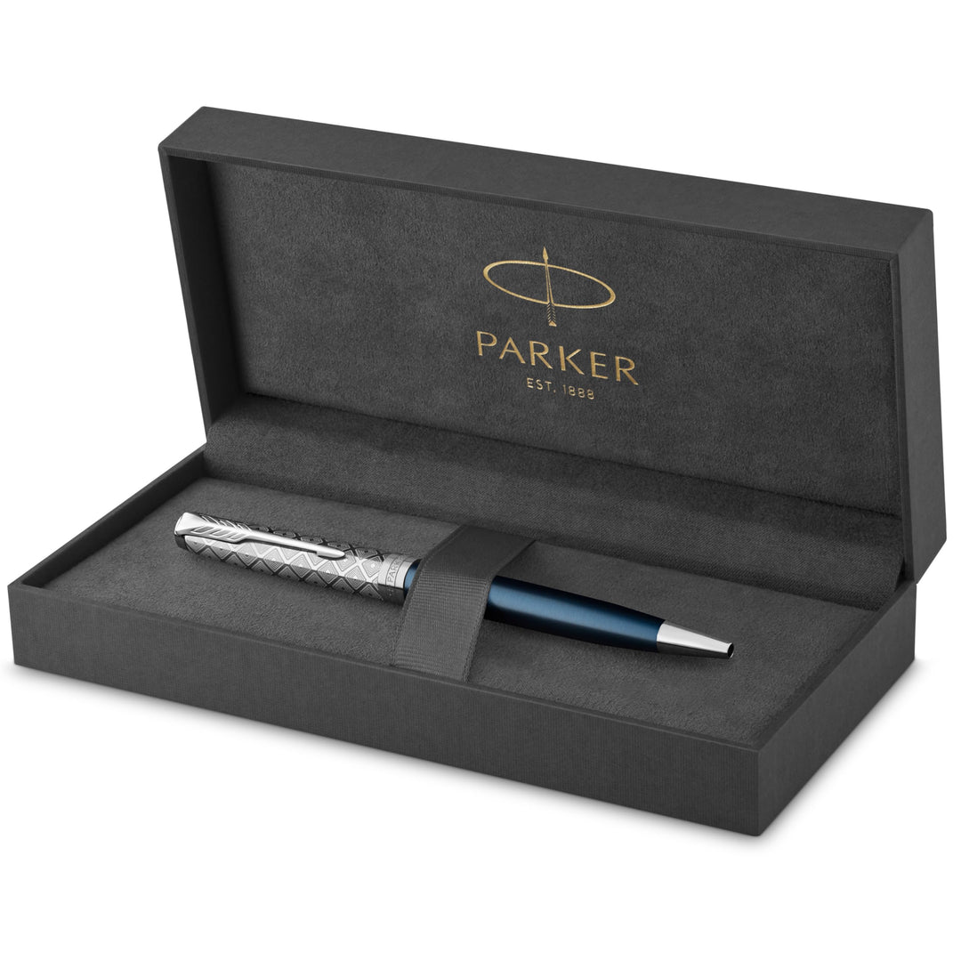 Parker Sonnet Kugelschreiber , Premium Metal & Blue Satinierung mit Chromverkleidung , Medium Spitze