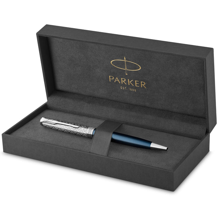 Parker Sonnet Kugelschreiber , Premium Metal & Blue Satinierung mit Chromverkleidung , Medium Spitze