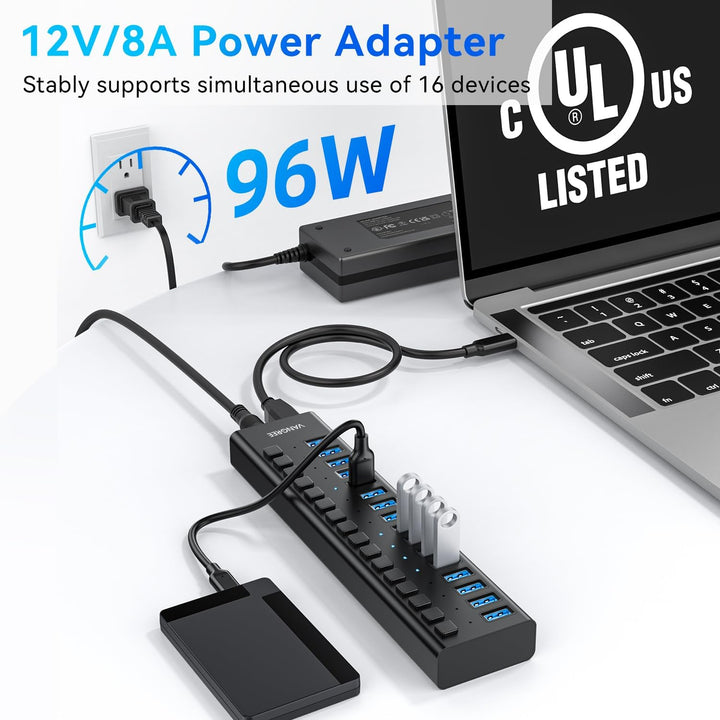 Powered USB Hub 10Gbps, 16 Ports 96W USB 3.2 Hub, Individual On/Off Switches, 12V/8A Power Adapter,