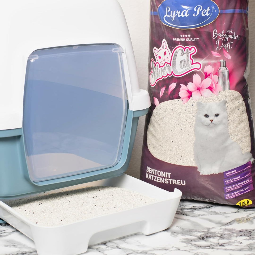 Lyra Pet® | 30 Liter Silver Cat Katzenstreu mit Aktivkohle + 2 Mäuse | Duftet nach Babypuder | Feuch
