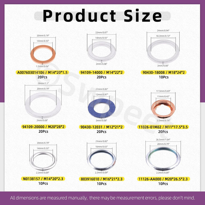 Swpeet 140Pcs 9 Arten Öl Drain Plug Dichtung Assortiment Kit, Aluminium/Kupfer/Stahl Öl Crush Unterl