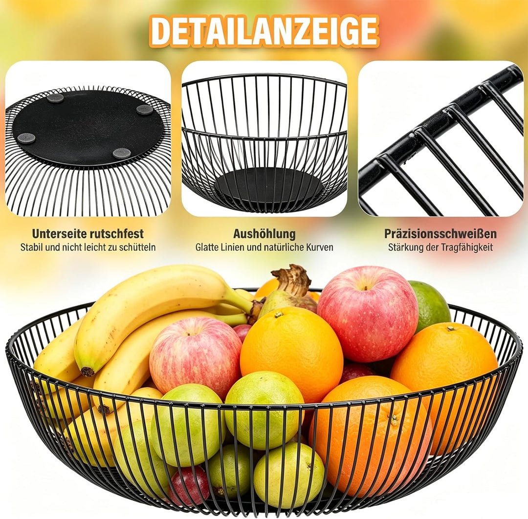 2 Stück Obstschale Schwarz 28 x 8cm Obstschalen Metall Obstkorb Modern Draht Obstkorb Kreisförmiges