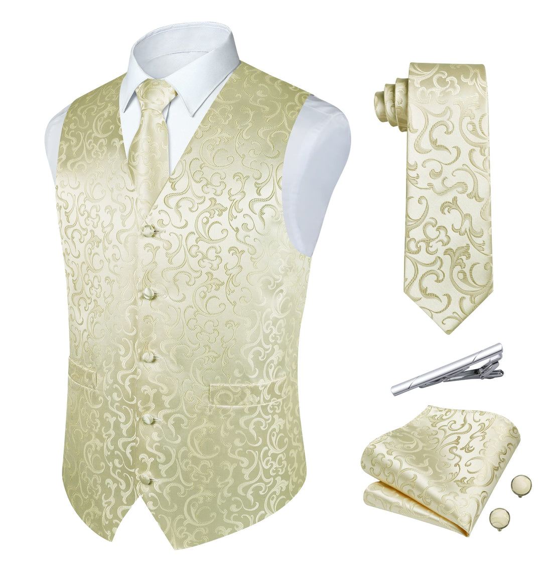 Herren Weste Paisley Floral Jacquard Seide Krawatte Einstecktuch Taschentuch Set mit Manschettenknöp