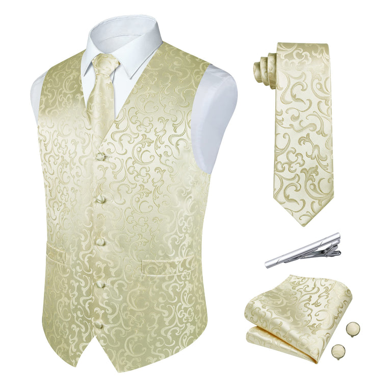 Herren Weste Paisley Floral Jacquard Seide Krawatte Einstecktuch Taschentuch Set mit Manschettenknöp