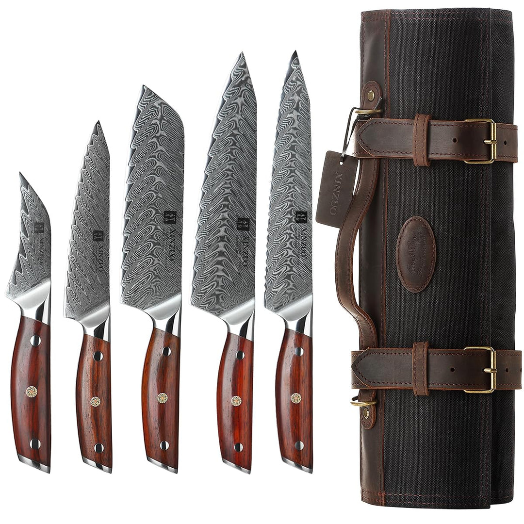 XINZUO 67 Schichten Damaststahl 5er Küchenmesser Set-Rosenholz Griff mit Profi Messertasche 16oz gew
