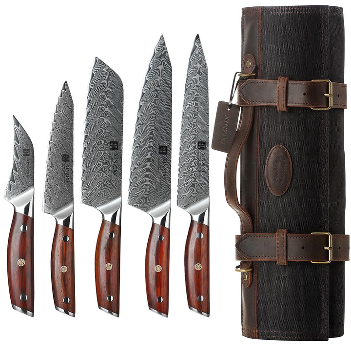 XINZUO 67 Schichten Damaststahl 5er Küchenmesser Set-Rosenholz Griff mit Profi Messertasche 16oz gew