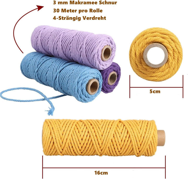 Makramee Garn 3mm x 30M, 18 Stück Baumwollgarn Baumwollkordel Baumwollseil Baumwollschnur Macrame Ga