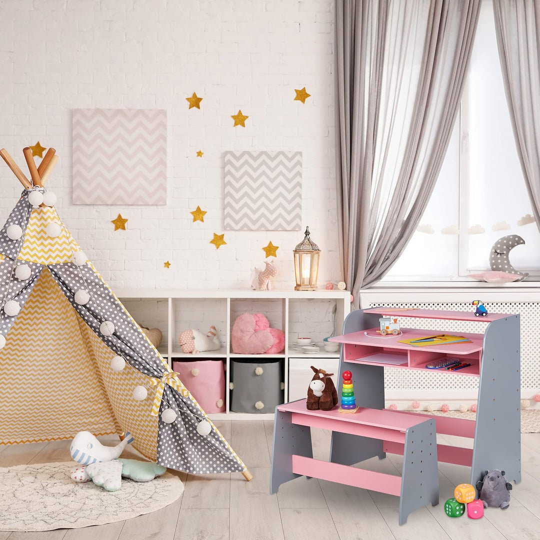 Relaxdays Kindertisch mit Sitzbank, 2 Fächer, höhenverstellbarer Kinderschreibtisch, HxBxT: 88 x 90