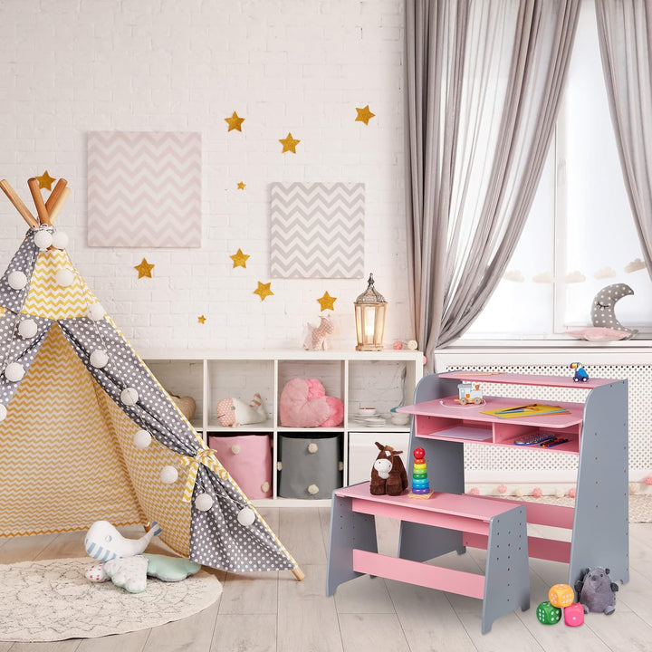 Relaxdays Kindertisch mit Sitzbank, 2 Fächer, höhenverstellbarer Kinderschreibtisch, HxBxT: 88 x 90