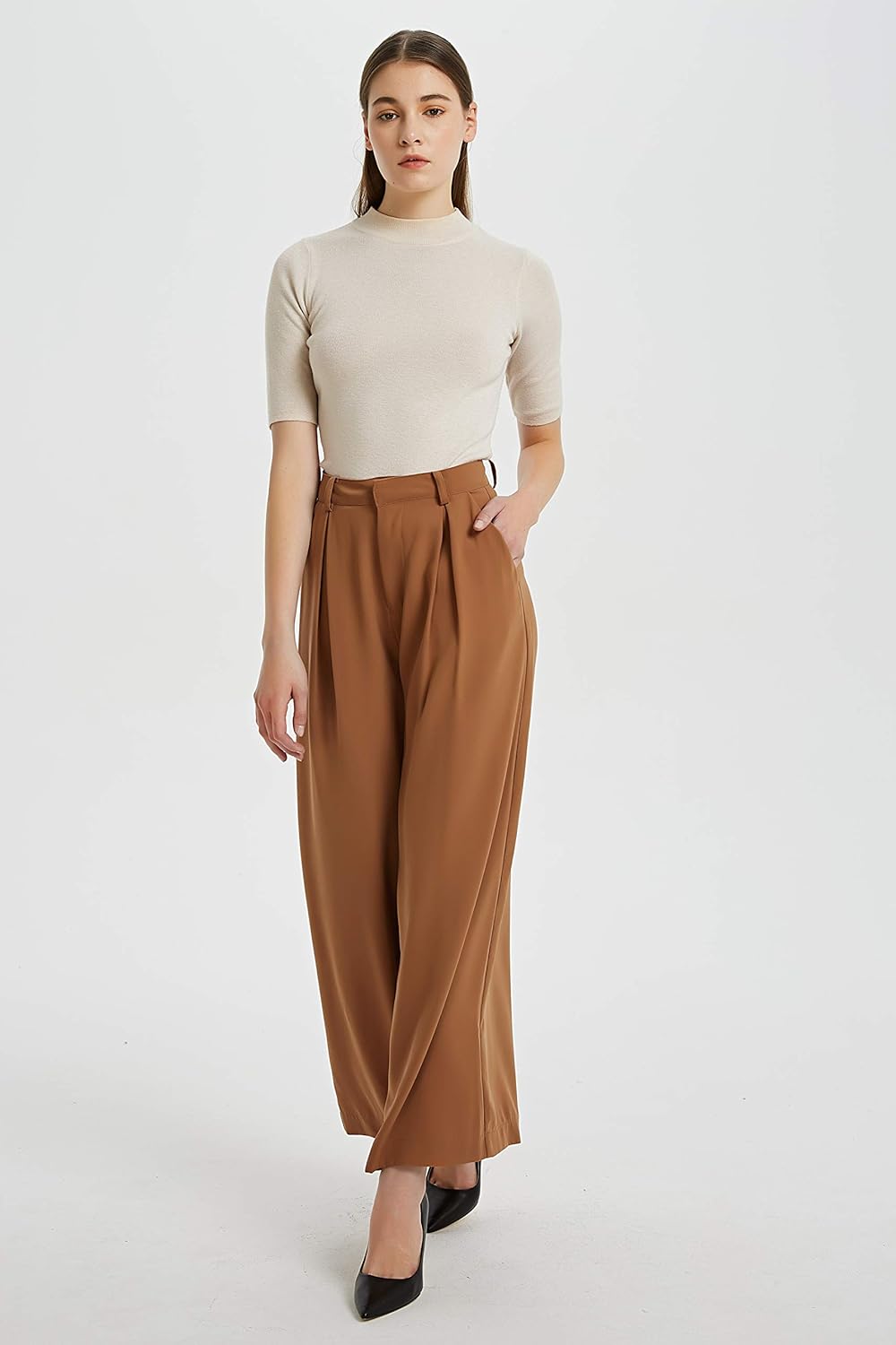 Tronjori Damen Hose Weites Bein Frauen Lange Hose mit Taschen Einfarbig Lose elastische Hohe Taille