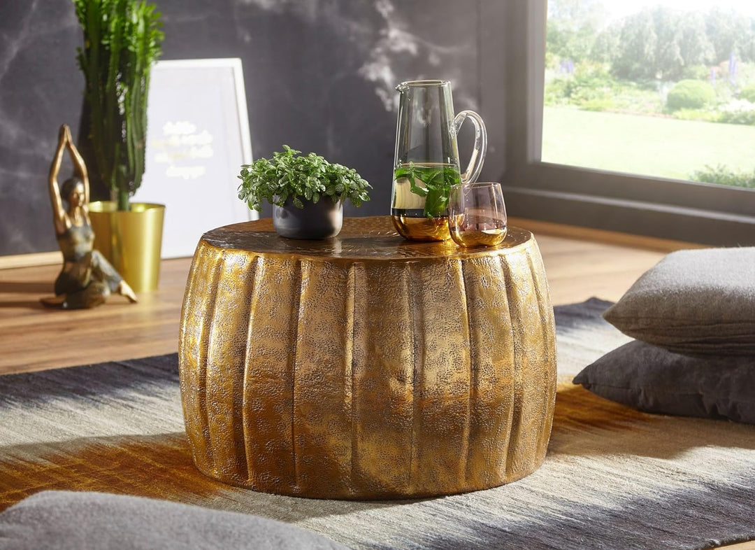 Wohnling Couchtisch 60x36x60 cm Aluminium Gold Beistelltisch orientalisch rund | Flacher Sofatisch M