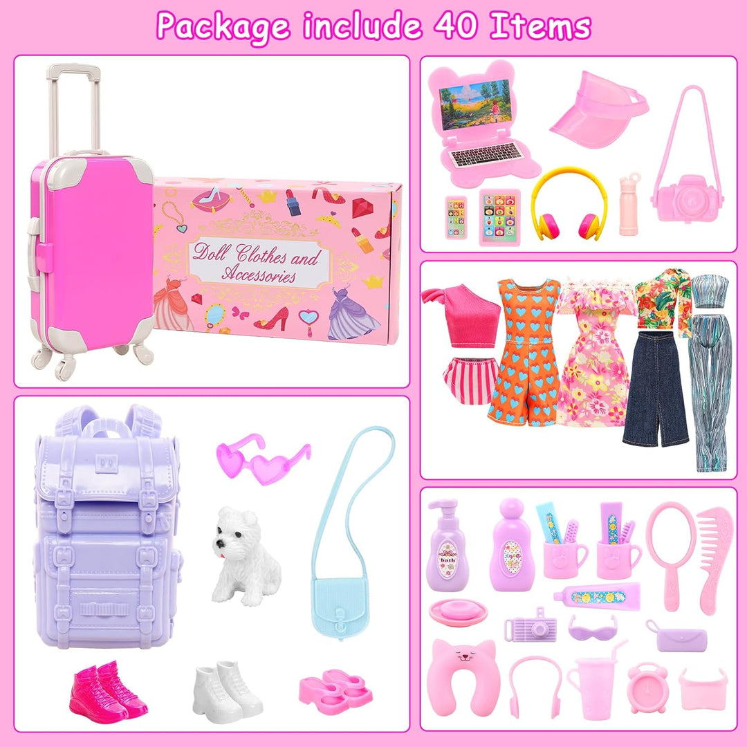 Miunana 40 PCS Spielzeugset Für Reiseaccessoires Einer Puppe Inklusive Reisegepäckkoffer 5 Kleidungs