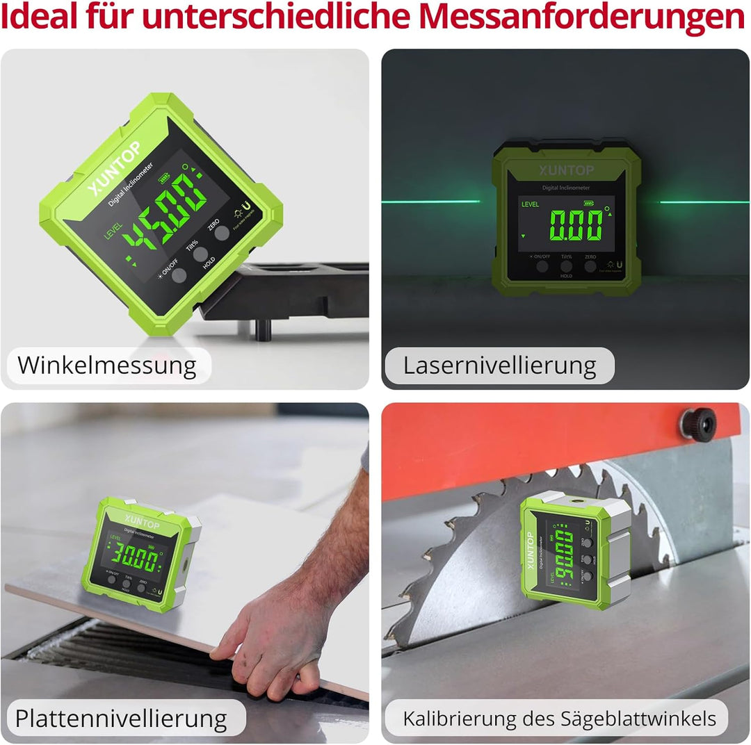 XUNTOP Digitaler Winkelmesser Neigungsmesser Grün Laser Wasserwaage mit LCD Display, Type-C Schnitts