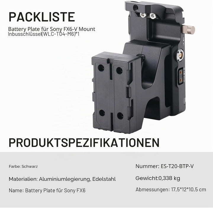 Tilta Batterieplatte kompatibel mit Sony FX6 V-Mount Adapter ES-T20-BTP-V Battery Plate, Battery Pla