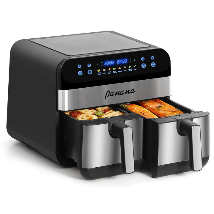 Dual-Zone Airfryer mit 9L Grosskapazität: 8-in-1 Kochfunktionen, geeignet für Airfrying, Braten, Ent
