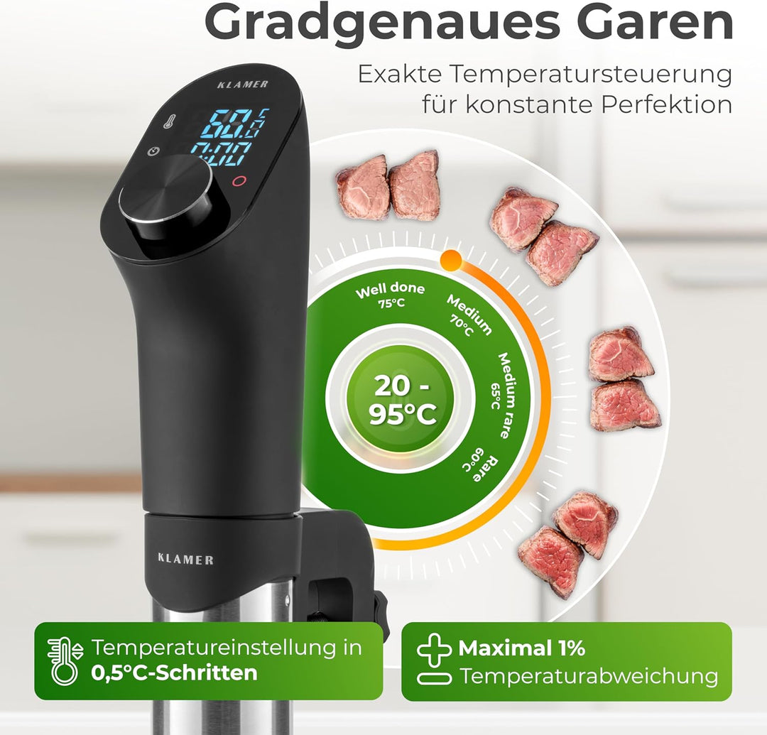 KLAMER Sous Vide Stick, 1200 Watt IPX7 wasserdichter Sous Vide Garer mit 3D Zirkulation und 20-95℃ T