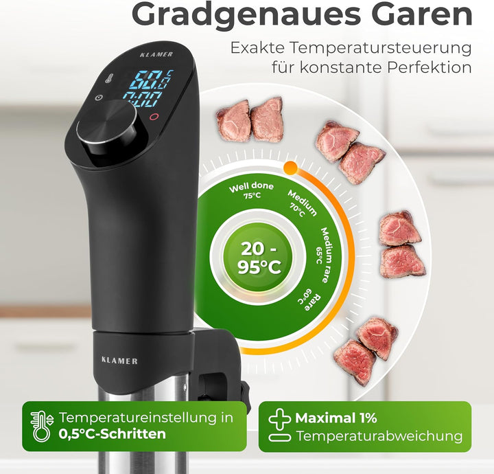 KLAMER Sous Vide Stick, 1200 Watt IPX7 wasserdichter Sous Vide Garer mit 3D Zirkulation und 20-95℃ T