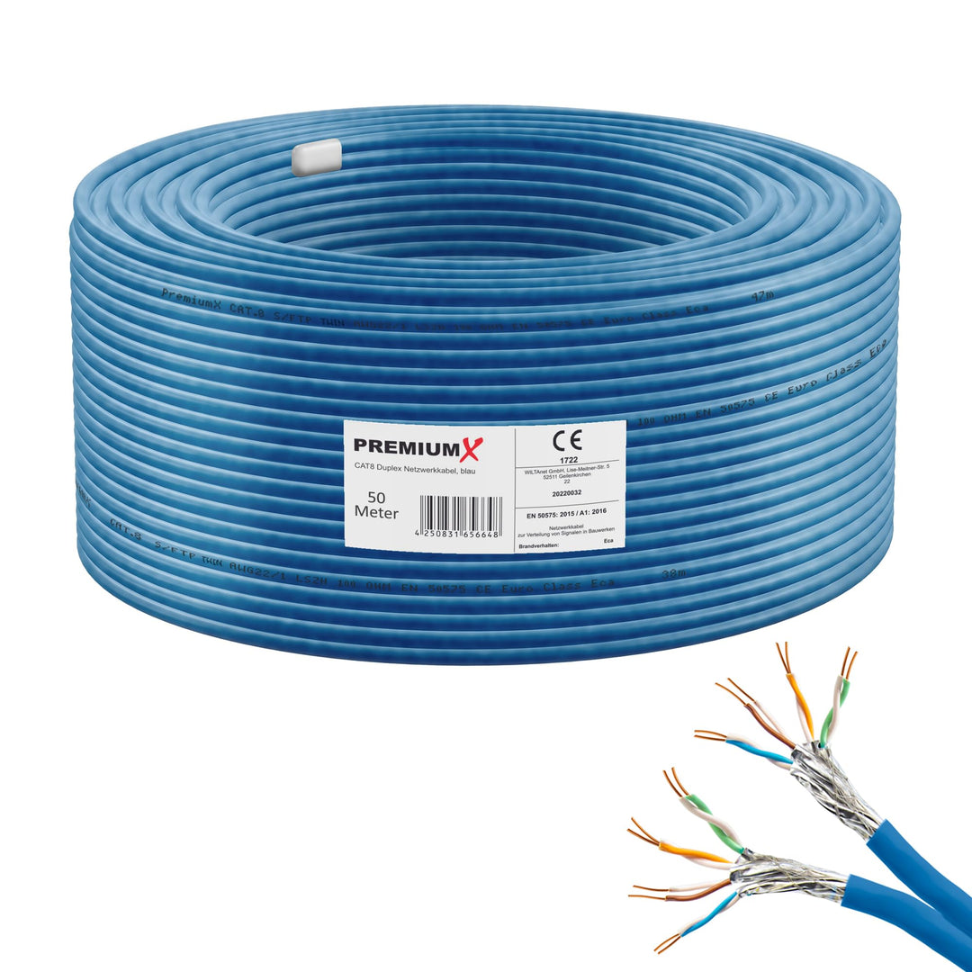 Premium X 50m CAT 8 Netzwerkkabel Duplex LAN-Kabel Ethernet Datenkabel S/FTP PiMF PoE Cca Cat8 Insta