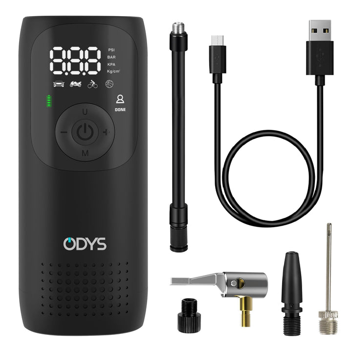 Odys FlexPump akkubetriebener tragbarer elektrischer Luftkompressor Luftpumpe für Auto, Motorrad, Sc
