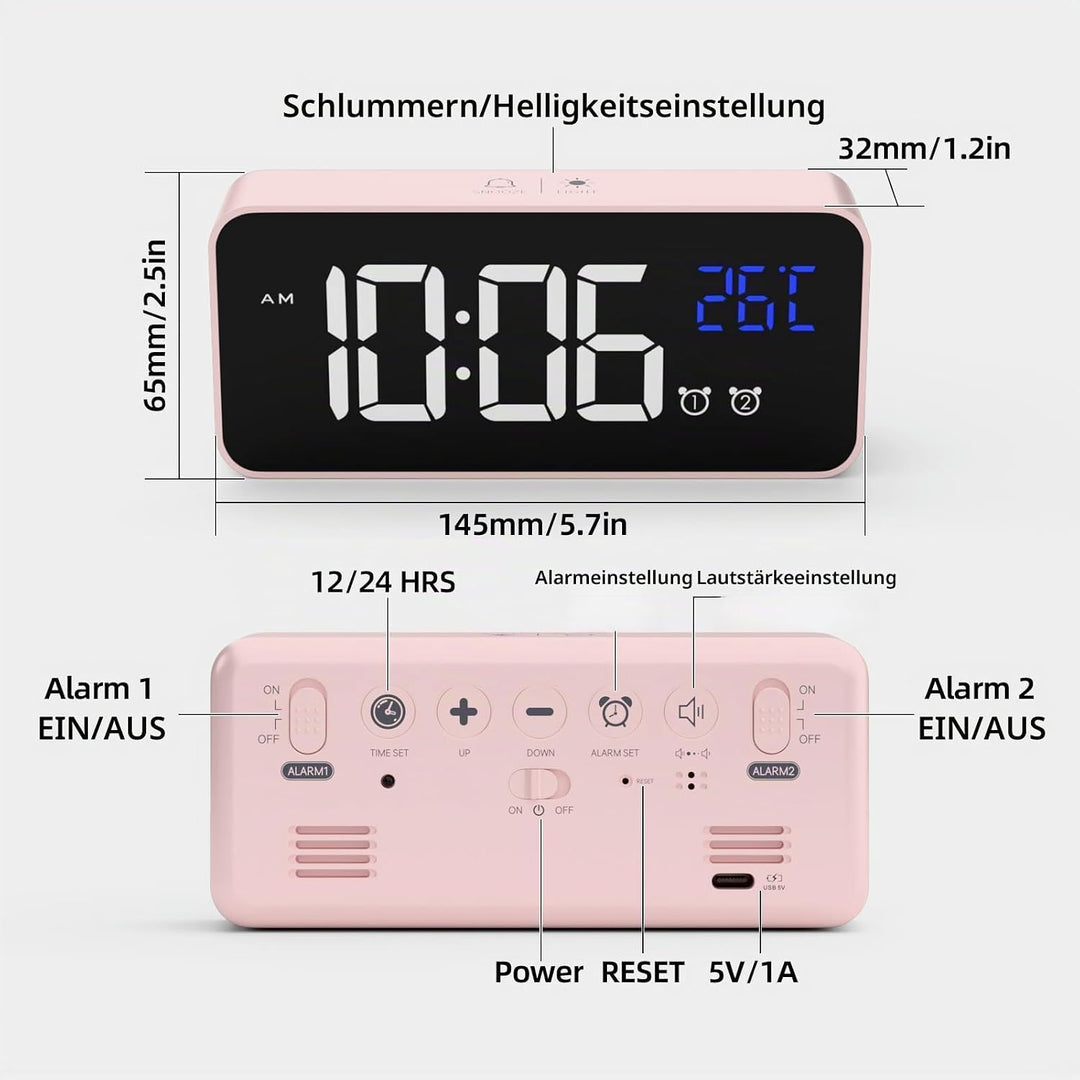 HOMVILLA Wecker, Wecker Digital mit Grosse LED Temperaturanzeige, Digitaler Wecker mit Dual Alarm, S