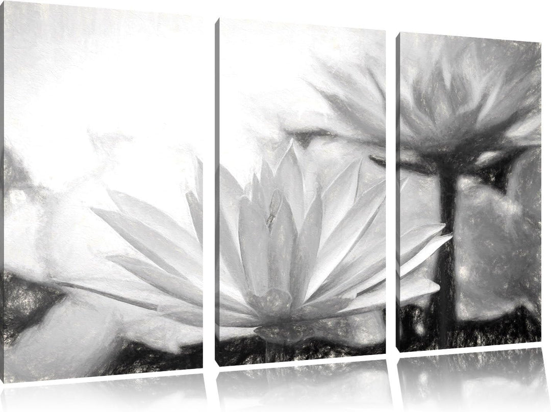 Pixxprint Lilafarbene Wasserlilie Kunst Kohle Effekt 3-Teiler Leinwandbild 120x80 Bild auf Leinwand