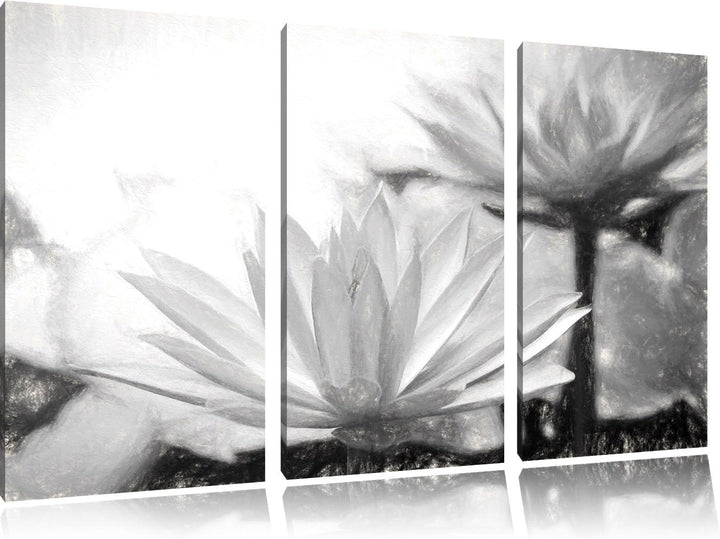 Pixxprint Lilafarbene Wasserlilie Kunst Kohle Effekt 3-Teiler Leinwandbild 120x80 Bild auf Leinwand