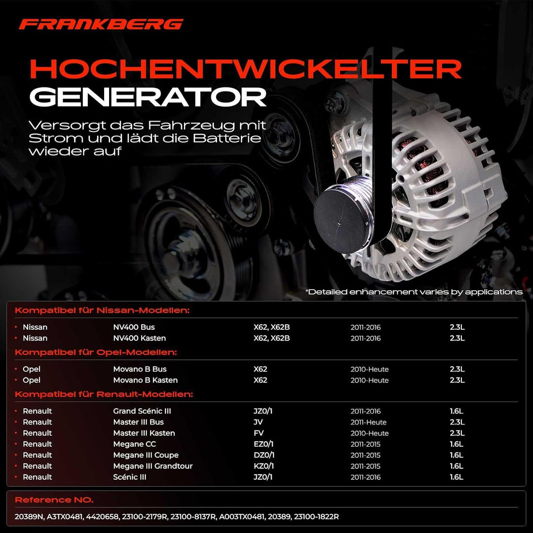 Frankberg Lichtmaschine Generator 185A Kompatibel mit NV400 2.3L 2011-Heute Movano 2.3L 2010-Heute M