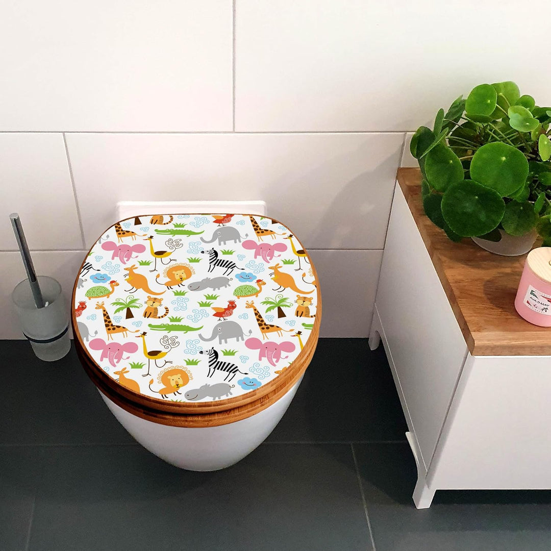 banjado® Design WC Sitz Bambus Absenkautomatik mit Motiv Fröhliche Tiere/Toilettendeckel mit Absenka