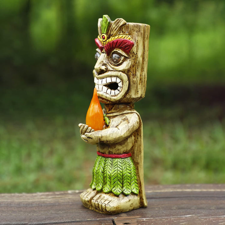 Solar Tiki Fackel Gartenstatue, Harz Tiki Dekor Figur mit solarbetriebenen Lichtern, hawaiianischer