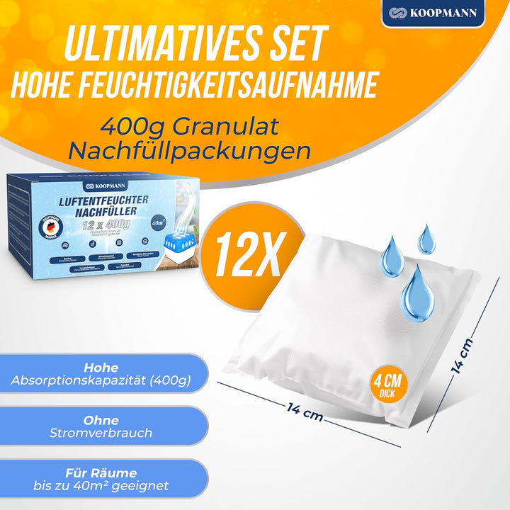 12x Luftentfeuchter Granulat 400g Nachfüllbeutel Set - Nachfüllpack für alle Luftentfeuchter Entfeuc
