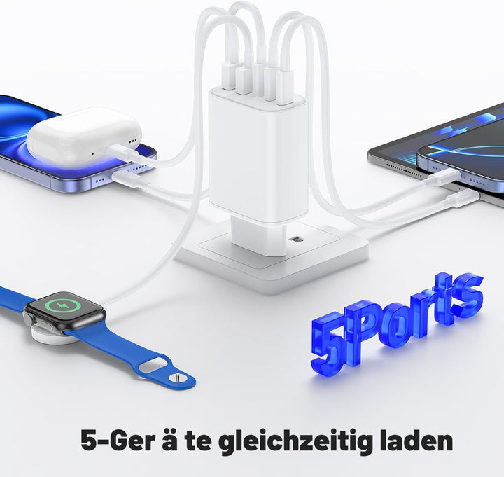 Schnellladegerät 5Port USB-C und USB-A, USB C Ladegerät Power Adapter, Schnellladeblock Fast Charger