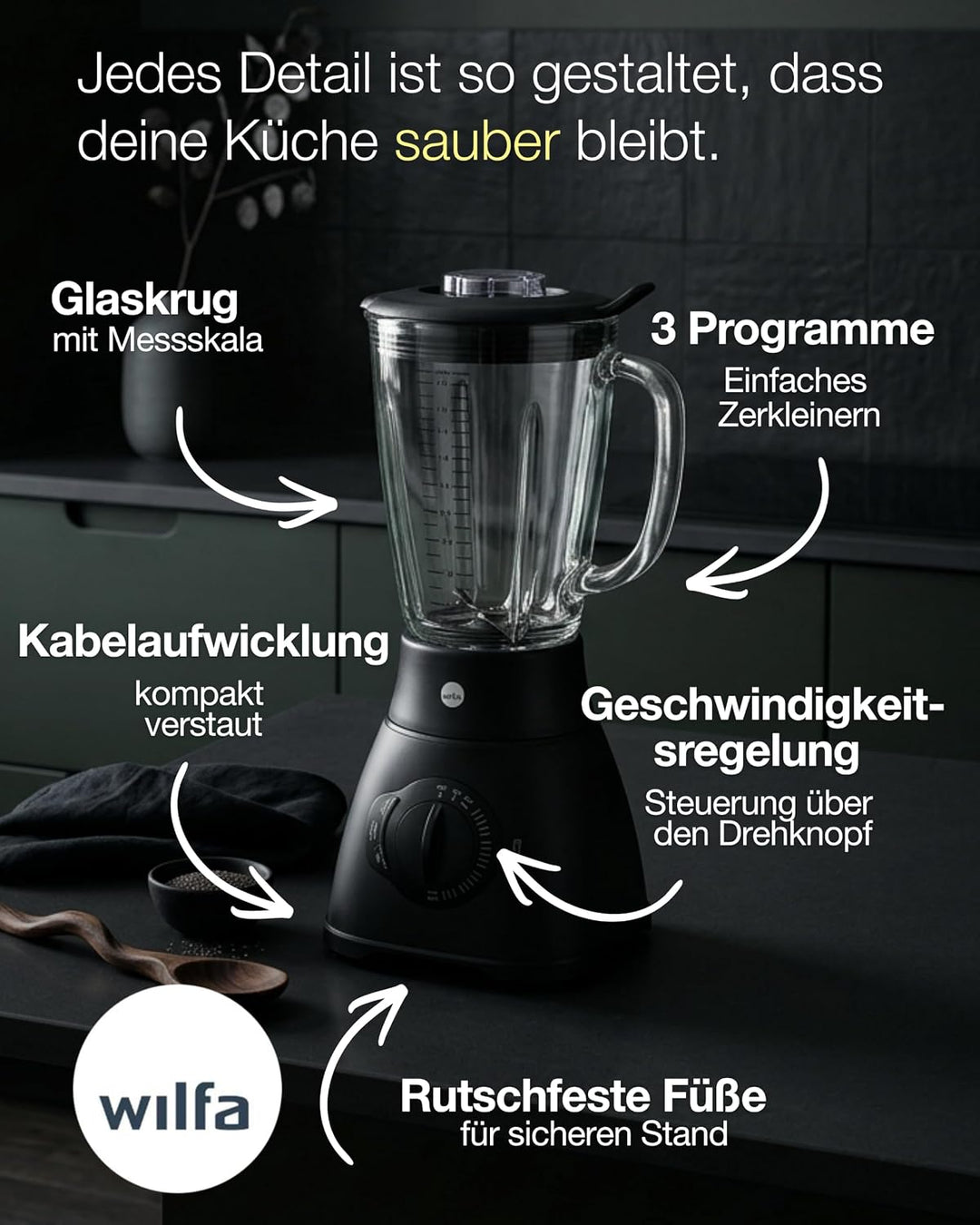 Wilfa XPLODE AUTO Standmixer - 1,8l Borosilikat-Glaskrug inkl. Mess-Skala - 1.500 Watt - 3 Programme