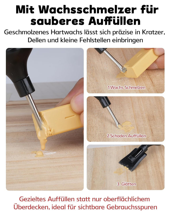 Vinylboden Reparaturset Grau mit 11 Farben Hartwachs und Wachsschmelzer | Laminat Reparaturset Parke