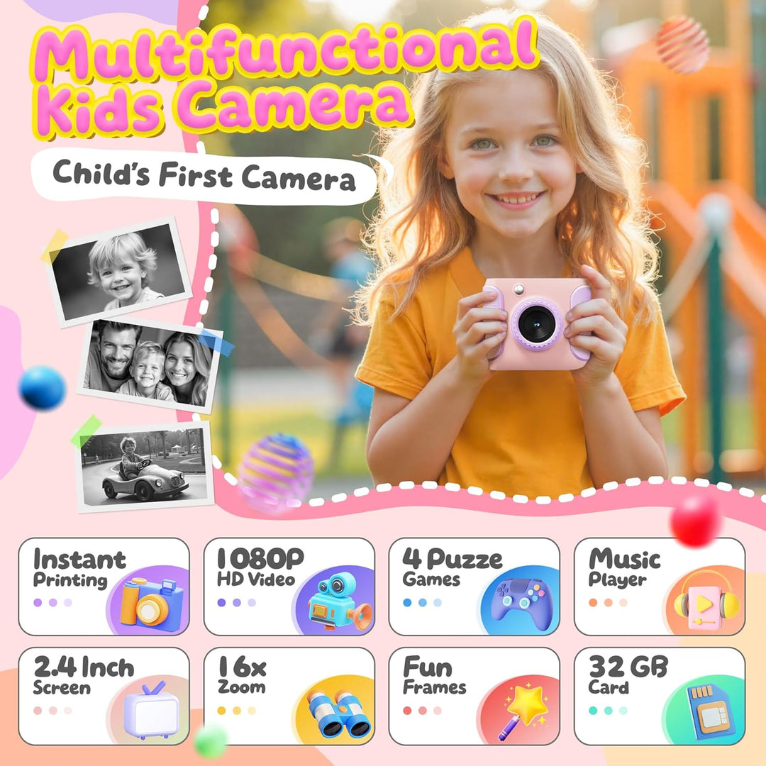 Kinderkamera Sofortbildkamera, 1080P HD Sofortbildkamera Kinder mit 32GB Karte, 2,4 Zoll Digitalkame