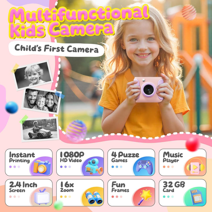Kinderkamera Sofortbildkamera, 1080P HD Sofortbildkamera Kinder mit 32GB Karte, 2,4 Zoll Digitalkame