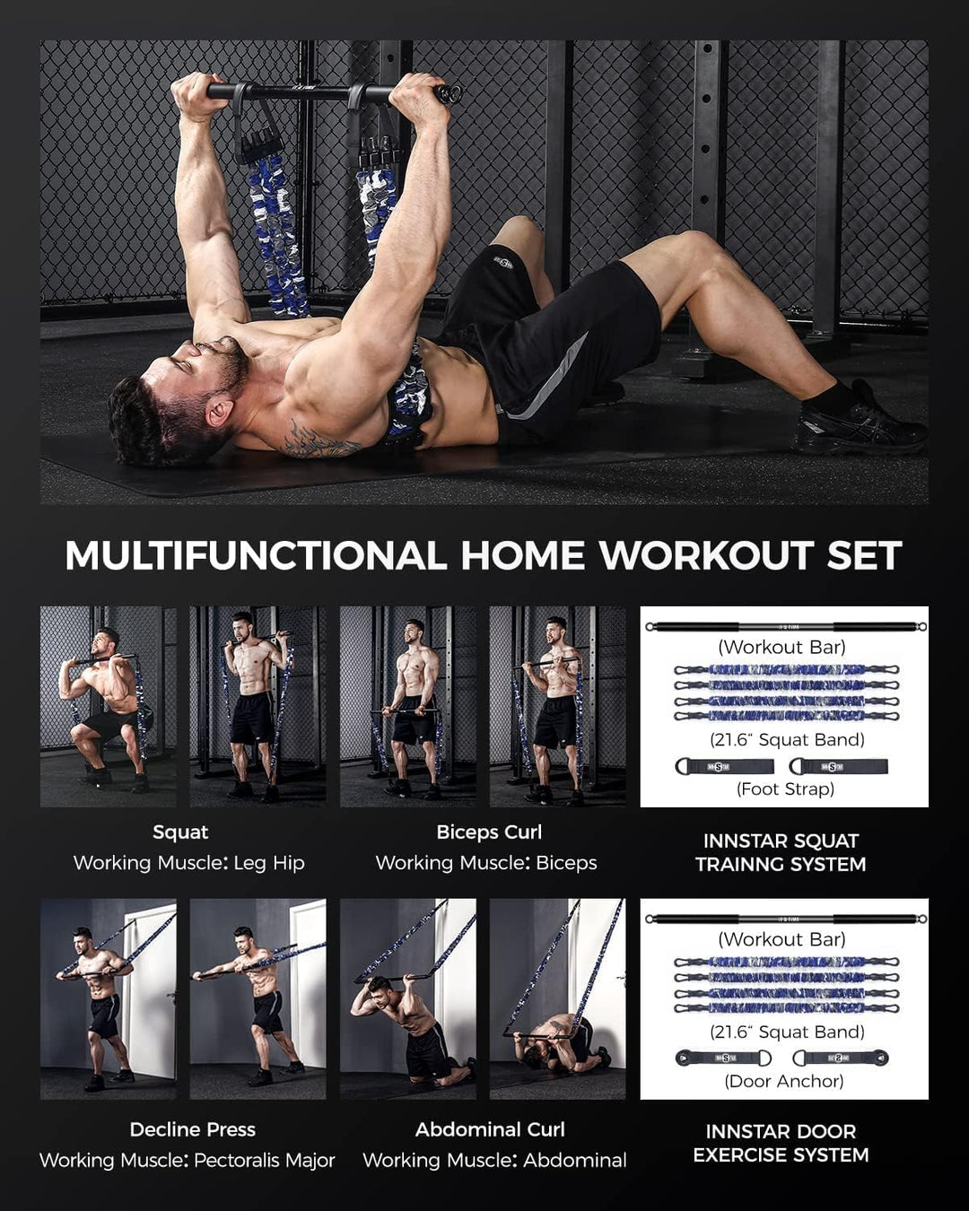 INNSTAR Tragbares Home Gym 3.0 Set, Widerstandsbänder Krafttraining mit Stange, Bankdrücken Brusttra
