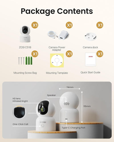 ZOSI 2K WLAN Überwachungskamera Innen, 360° Schwenkbare Kamera Indoor für Baby, 2,4/5Ghz WiFi, KI Pe