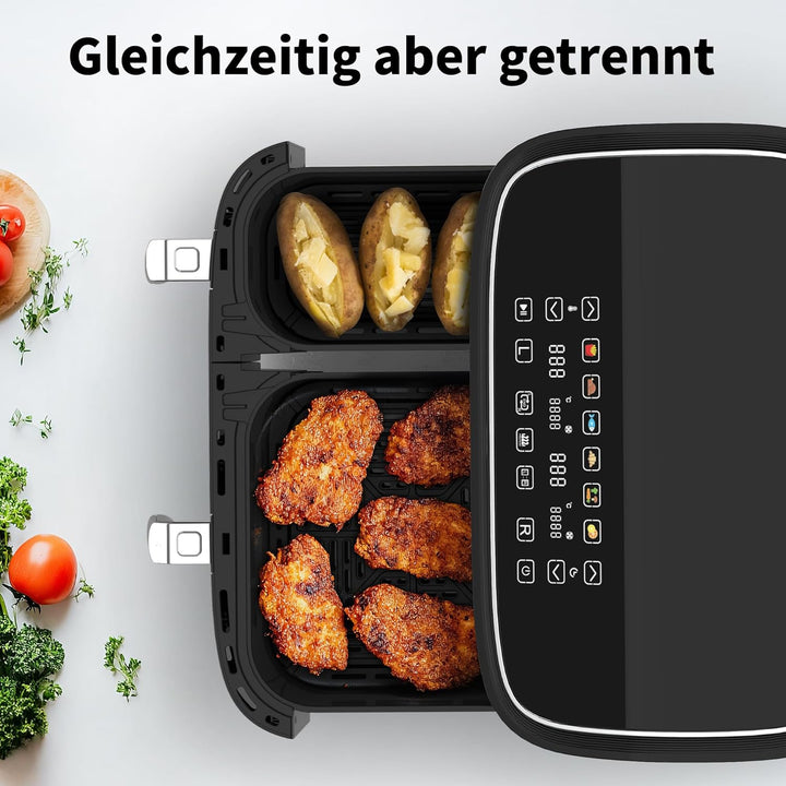 aeco DUO Doppelkammer AirFryer 9 Liter (3l & 6l, Sync-Funktion, Heissluftfritteuse mit digitalem Tou
