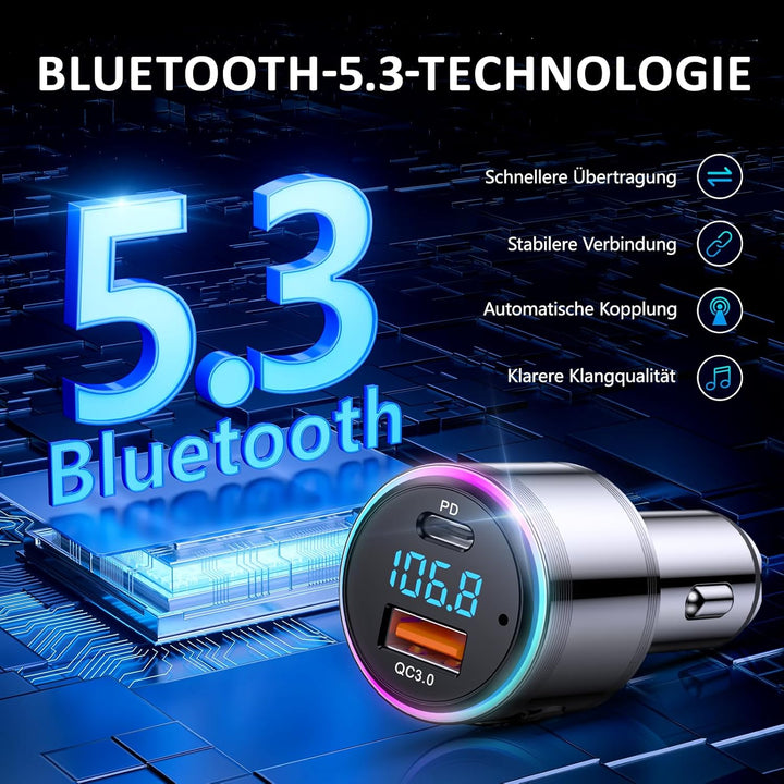 LENCENT Bluetooth FM Transmitter, Bluetooth 5,3 KFZ Auto Radio Bluetooth Adapter, Autoladegerät Ziga