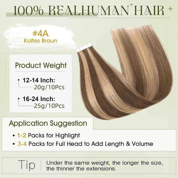 Benehair Tape in Extensions Echthaar, 45CM Tape in Haarverlängerungen, Invisible Echt Haar Extension