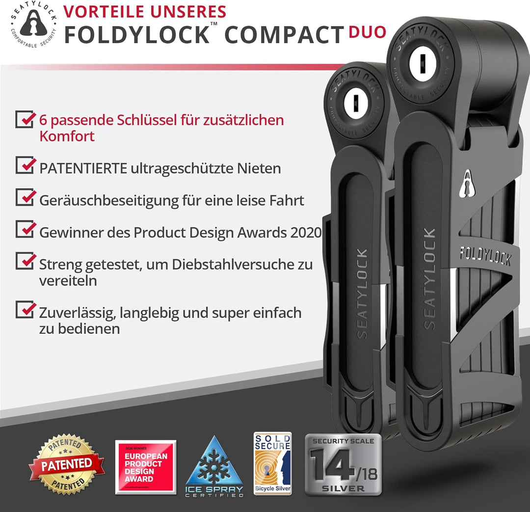 FoldyLock Compact Fahrrad Faltschlösser Set – 2 Fahrradschlösser mit 6 identischen Schlüsseln und Ha