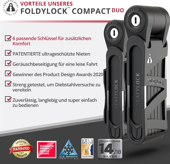 FoldyLock Compact Fahrrad Faltschlösser Set – 2 Fahrradschlösser mit 6 identischen Schlüsseln und Ha