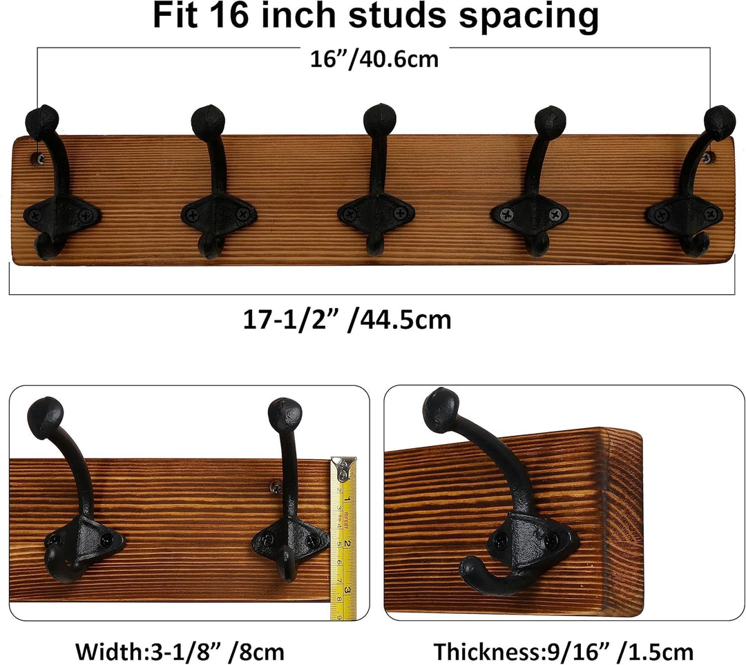WEBI Garderobenleiste Holz,Wandgarderobe mit 5 Haken Gusseisen,Garderobenhaken Wand Garderobe Hakenl