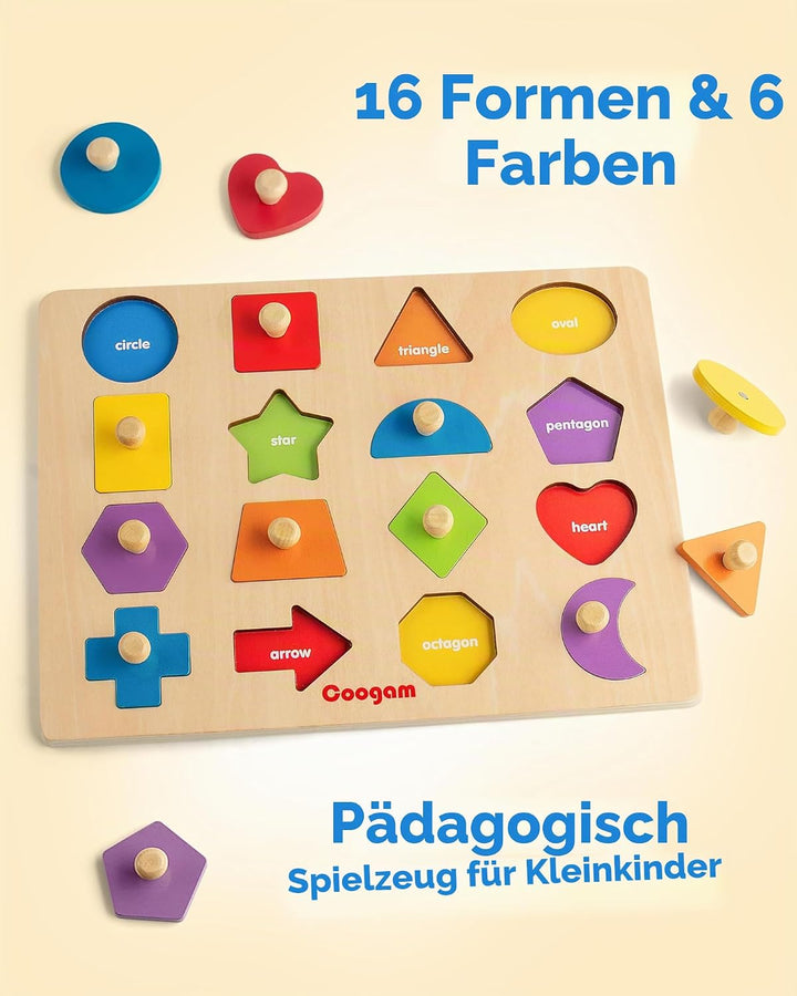 Coogam Montessori-Spielzeug, Holzform, Steckpuzzle, Feinmotorik, farblich passendes Sortierbrett, fr