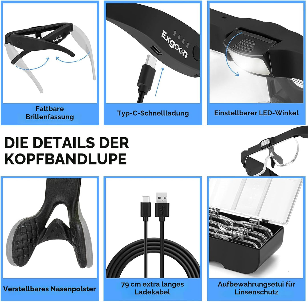 Lupenbrille mit Licht, 1,5-fache bis 5-fache Lupe mit 4 abnehmbaren Gläsern, freihändige, wiederaufl